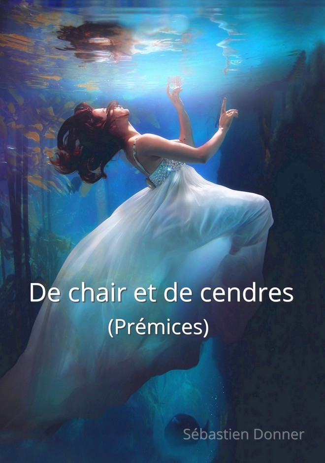 Couverture de livre représentant une jeune femme en robe blanche flottant dans l'eau et touchant son reflet